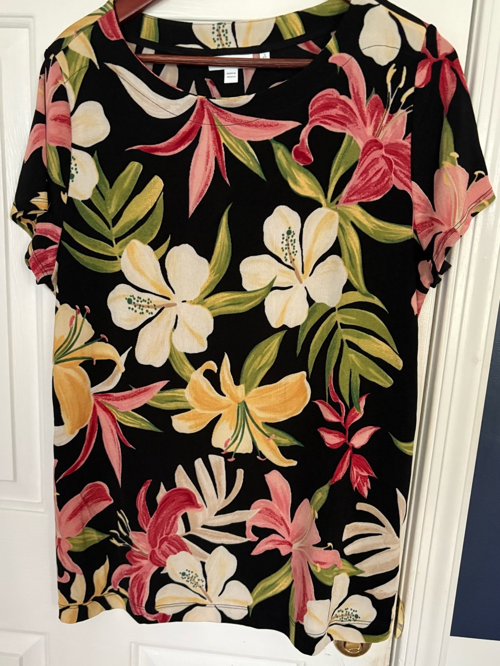 Floral Short Sleeve Shirt Black with Pink, Yellow & White Floral